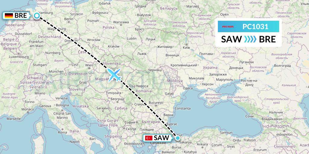 PC1031 Pegasus Airlines Flight Map: Istanbul to Bremen
