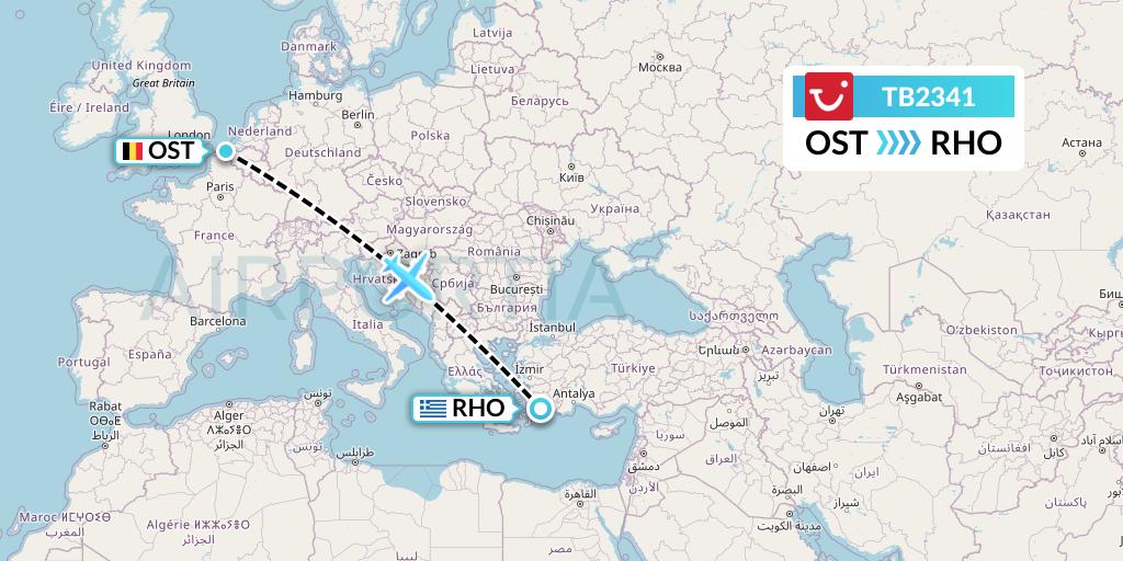 TB2341 TUI fly Belgium Flight Map: Ostend to Rhodes