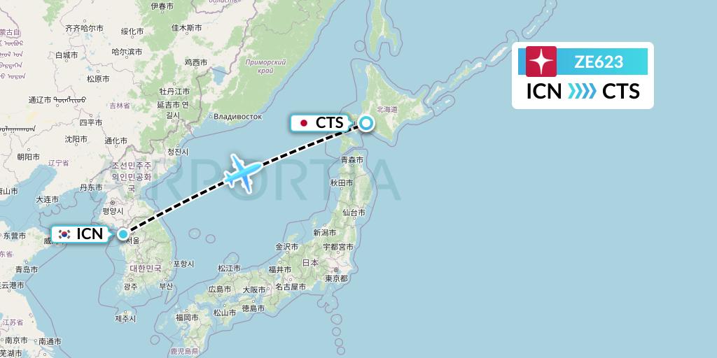ZE623 Eastar Jet Flight Map: Seoul to Sapporo