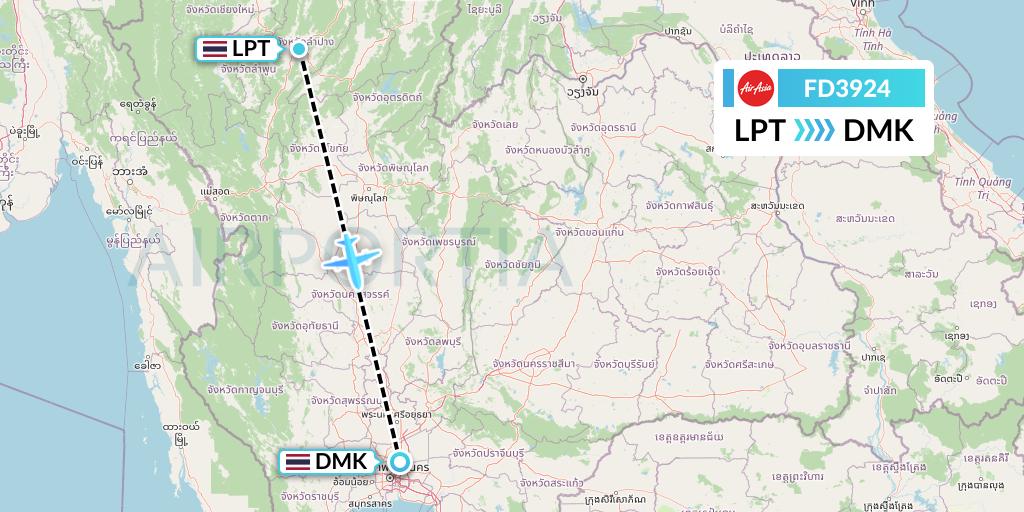 FD3924 Thai AirAsia Flight Map: Lampang to Bangkok