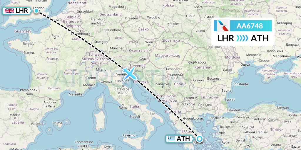 AA6748 American Airlines Flight Map: London to Athens