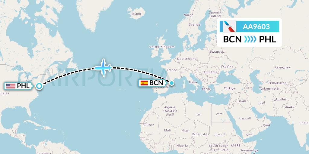 AA9603 American Airlines Flight Map: Barcelona to Philadelphia