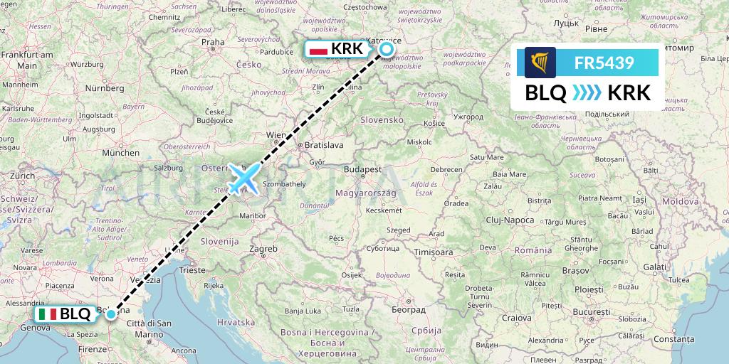 FR5439 Ryanair Flight Map: Bologna to Krakow