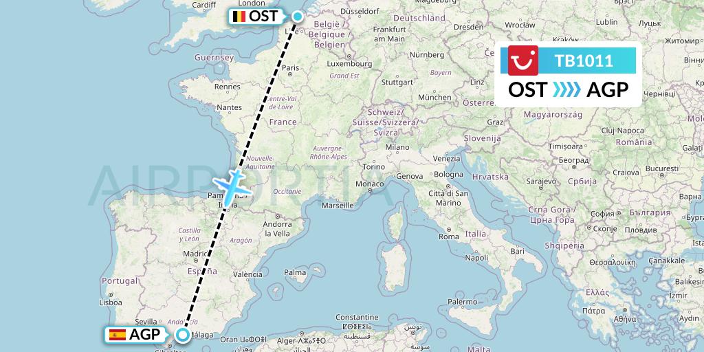 TB1011 TUI fly Belgium Flight Map: Ostend to Malaga