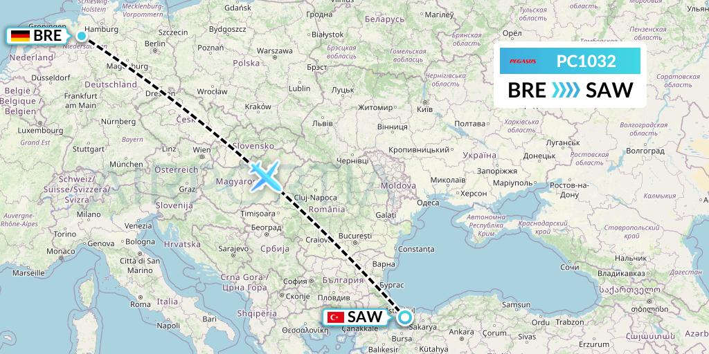 PC1032 Pegasus Airlines Flight Map: Bremen to Istanbul