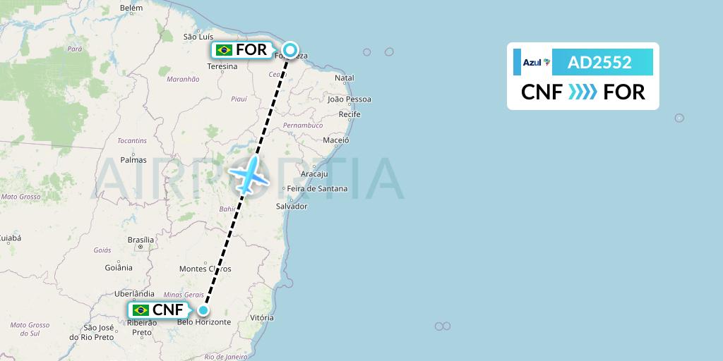 AD2552 Azul Brazilian Airlines Flight Map: Belo Horizonte to Fortaleza