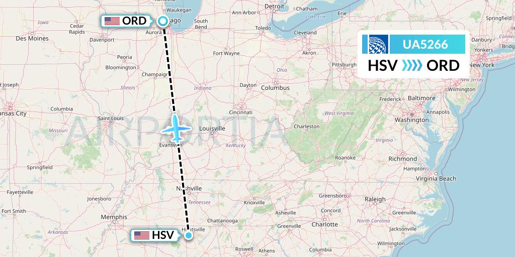 UA5266 United Airlines Flight Map: Huntsville to Chicago