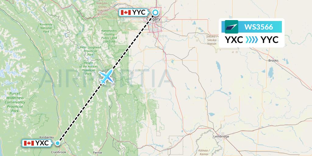 WS3566 WestJet Flight Map: Cranbrook to Calgary