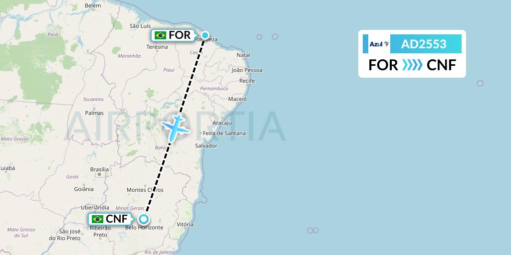 AD2553 Azul Brazilian Airlines Flight Map: Fortaleza to Belo Horizonte