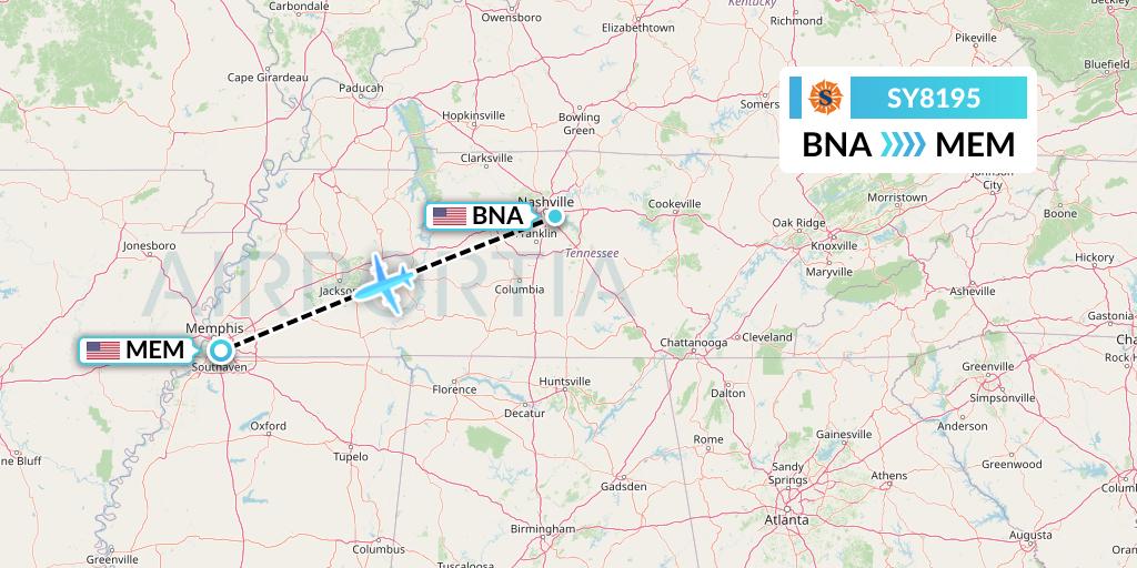 SY8195 Sun Country Airlines Flight Map: Nashville to Memphis