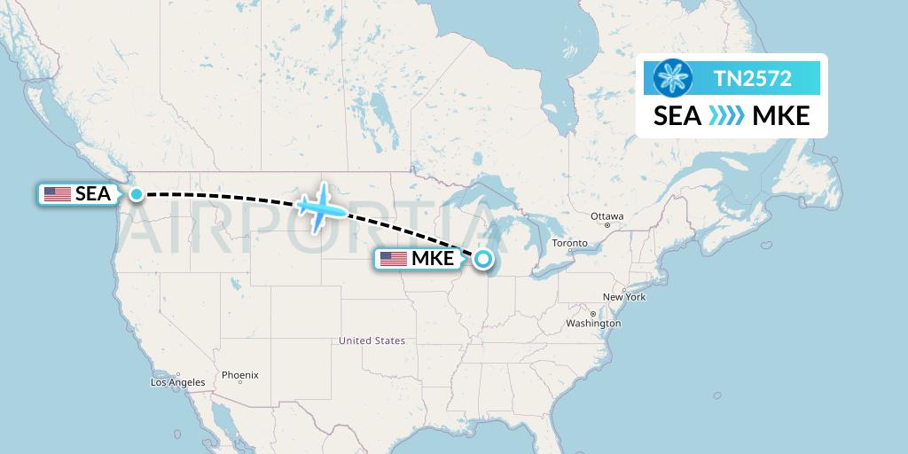 TN2572 Air Tahiti Nui Flight Map: Seattle to Milwaukee