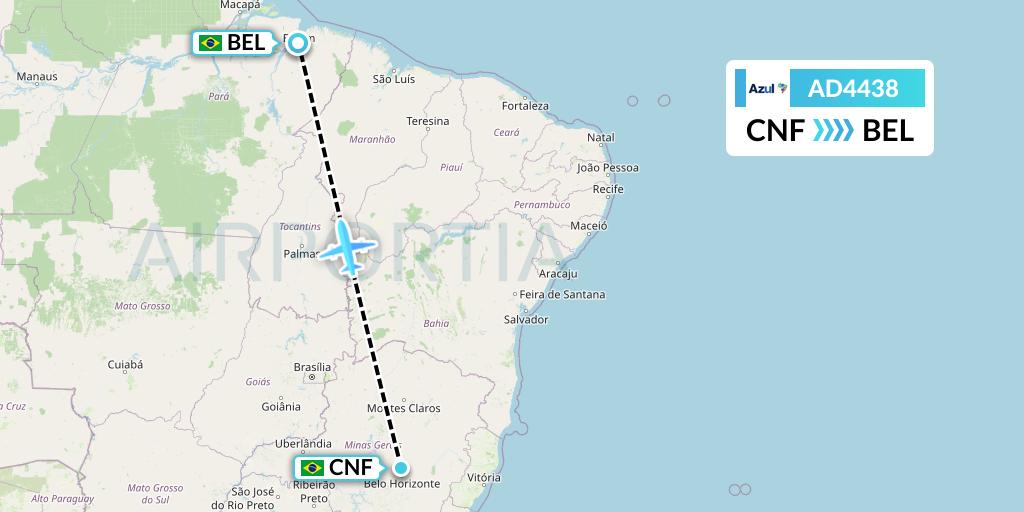 AD4438 Azul Brazilian Airlines Flight Map: Belo Horizonte to Belem