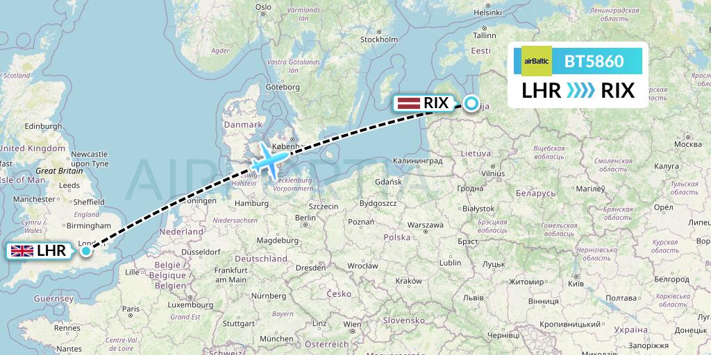 BT5860 Air Baltic Flight Map: London to Riga