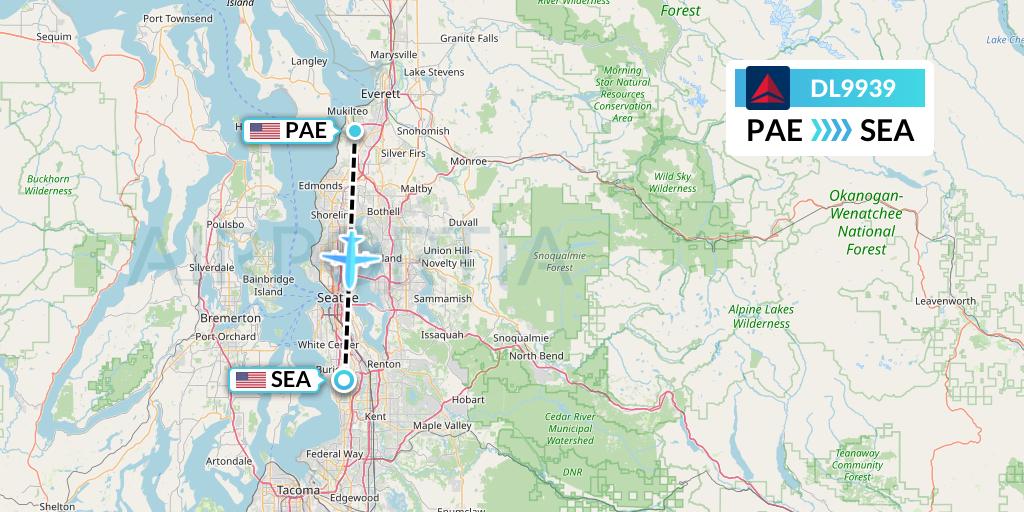 DL9939 Delta Air Lines Flight Map: Everett to Seattle