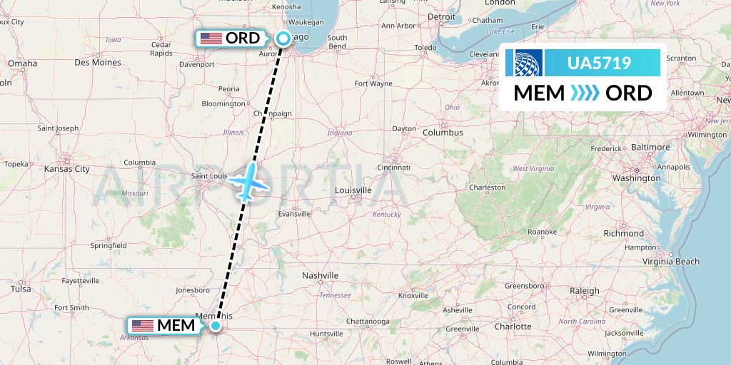 UA5719 United Airlines Flight Map: Memphis to Chicago