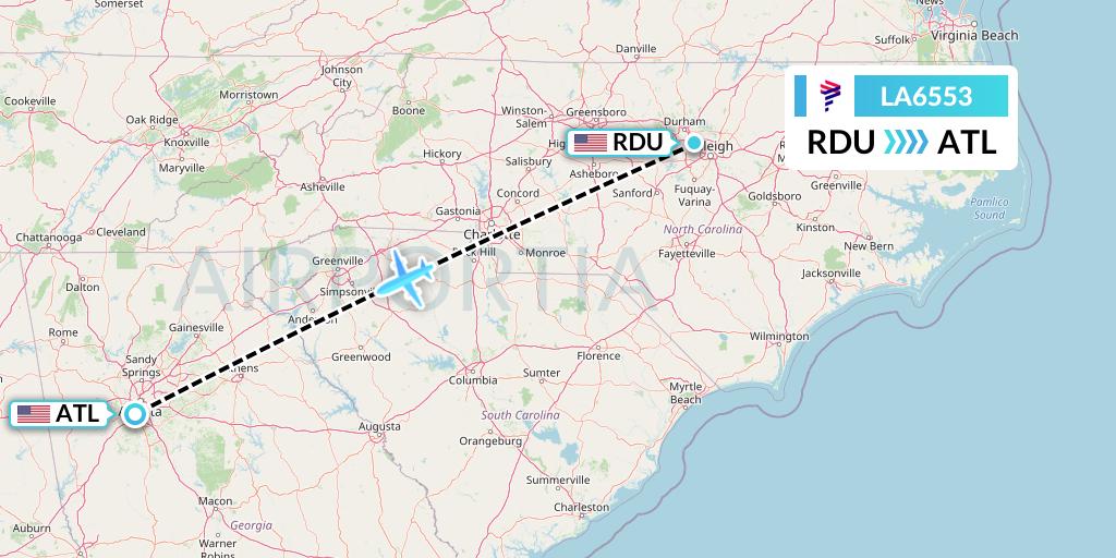 LA6553 LAN Airlines Flight Map: Raleigh-Durham to Atlanta