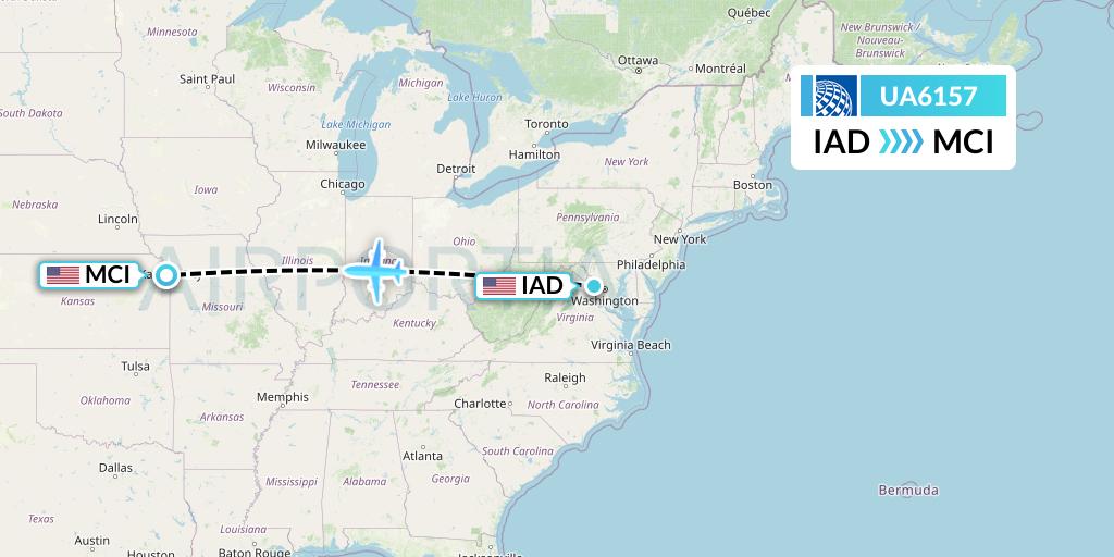 UA6157 United Airlines Flight Map: Washington to Kansas City