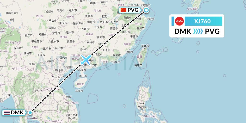 XJ760 Thai AirAsia X Flight Map: Bangkok to Shanghai