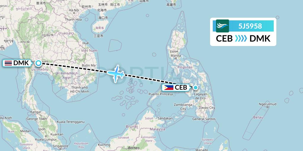 5J5958 CEBU Pacific Air Flight Map: Cebu to Bangkok