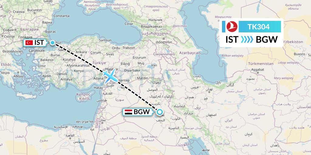 TK304 Turkish Airlines Flight Map: Istanbul to Baghdad