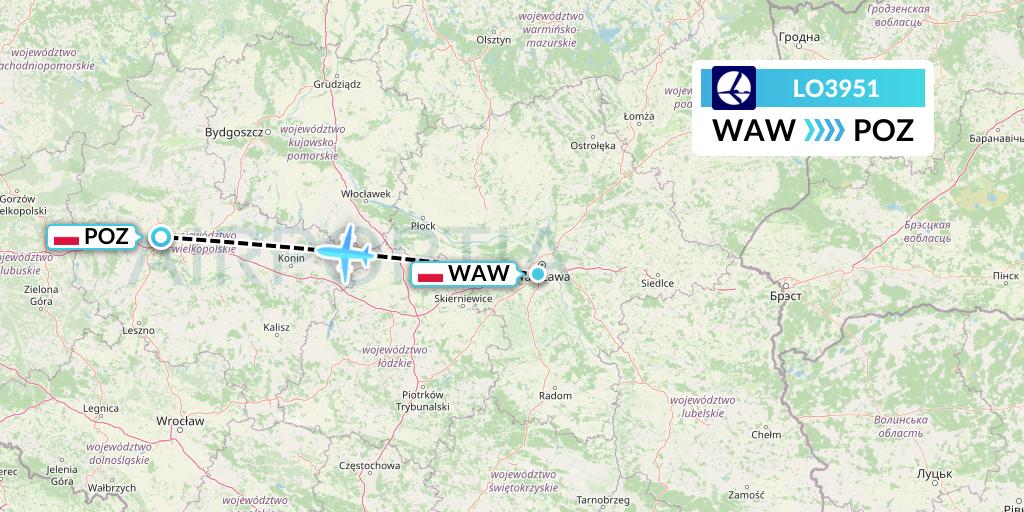 LO3951 LOT Flight Map: Warsaw to Poznan