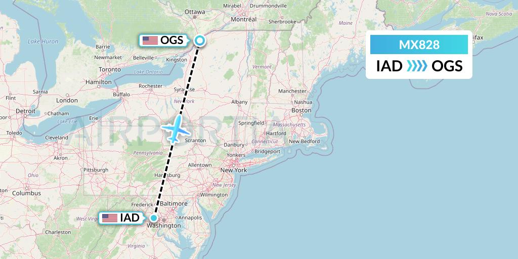 MX828 Breeze Airways Flight Map: Washington to Ogdensburg