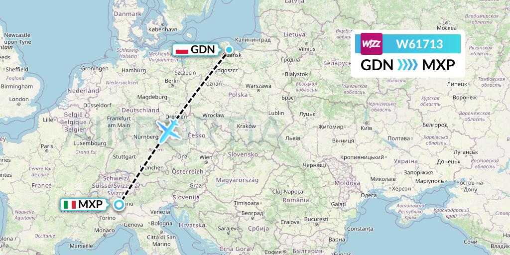 W61713 Wizz Air Flight Map: Gdansk to Milan
