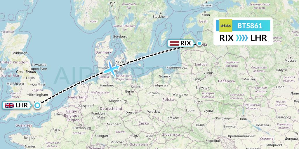 BT5861 Air Baltic Flight Map: Riga to London