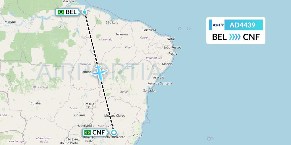 AD4439 Azul Brazilian Airlines Flight Map: Belem to Belo Horizonte
