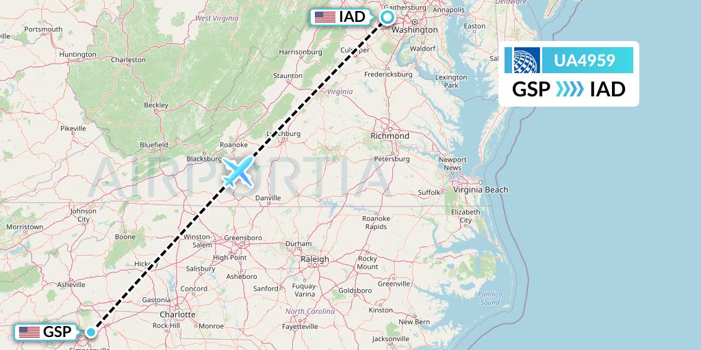 UA4959 United Airlines Flight Map: Greenville-Spartanburg to Washington
