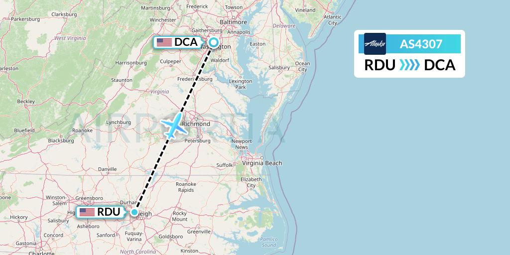 AS4307 Alaska Airlines Flight Map: Raleigh-Durham to Washington