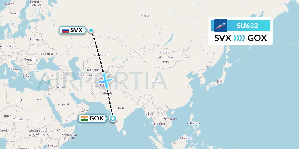 SU632 Aeroflot Flight Map: Yekaterinburg to Goa