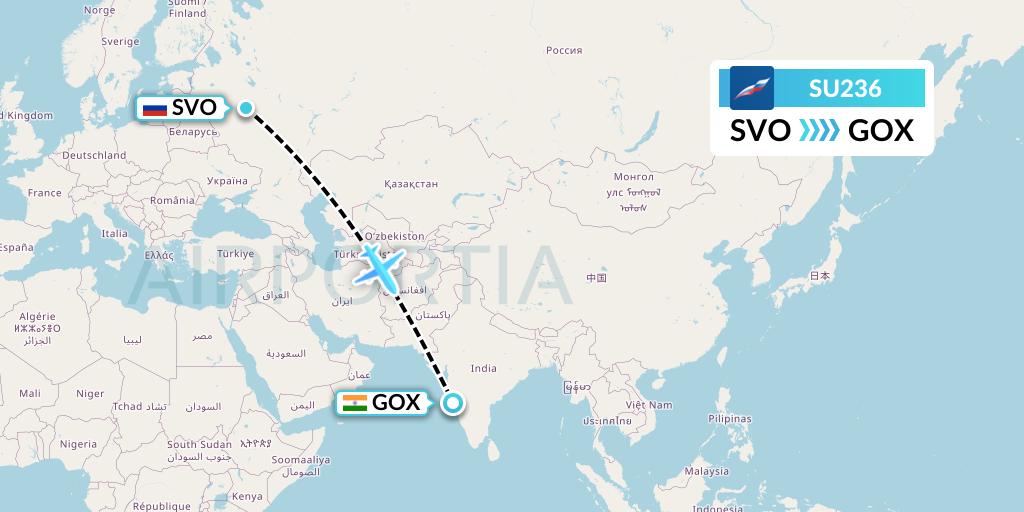 SU236 Aeroflot Flight Map: Moscow to Goa