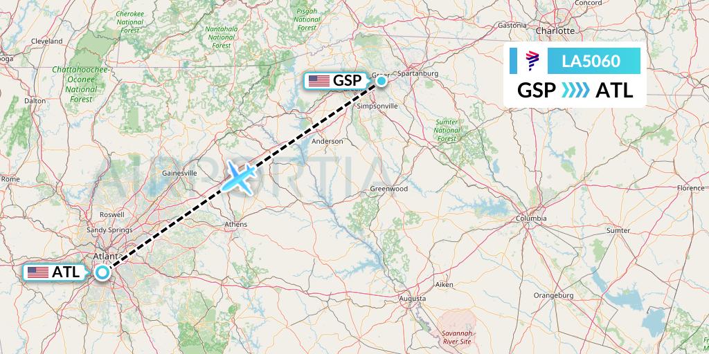 LA5060 LAN Airlines Flight Map: Greenville-Spartanburg to Atlanta