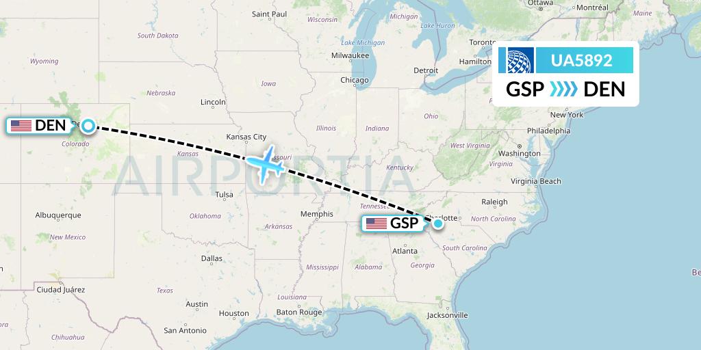 UA5892 United Airlines Flight Map: Greenville-Spartanburg to Denver