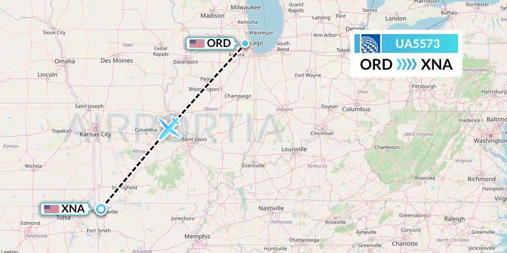 UA5573 United Airlines Flight Map: Chicago to Bentonville