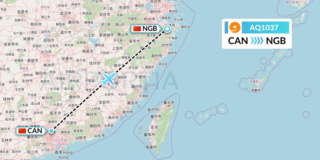 AQ1037 9 Air Flight Map: Guangzhou to Ningbo