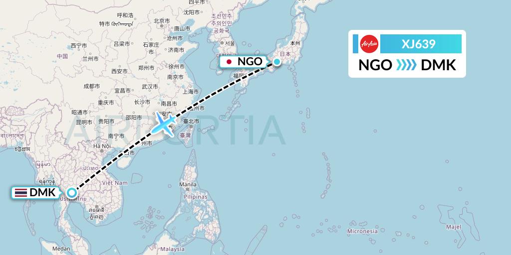 XJ639 Thai AirAsia X Flight Map: Nagoya to Bangkok