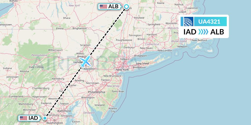 UA4321 United Airlines Flight Map: Washington to Albany