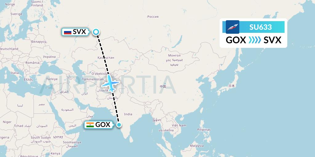 SU633 Aeroflot Flight Map: Goa to Yekaterinburg