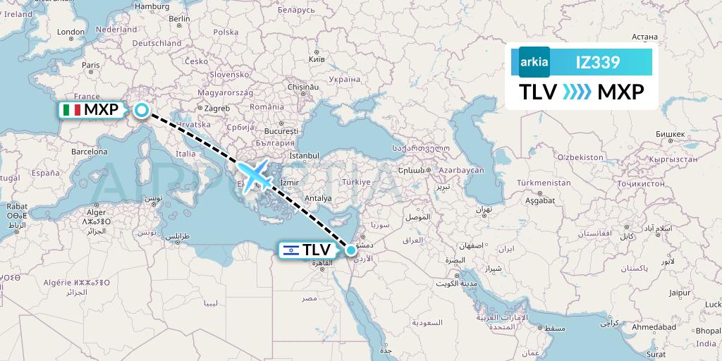 IZ339 Arkia Israeli Airlines Flight Map: Tel Aviv to Milan