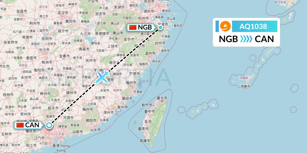 AQ1038 9 Air Flight Map: Ningbo to Guangzhou