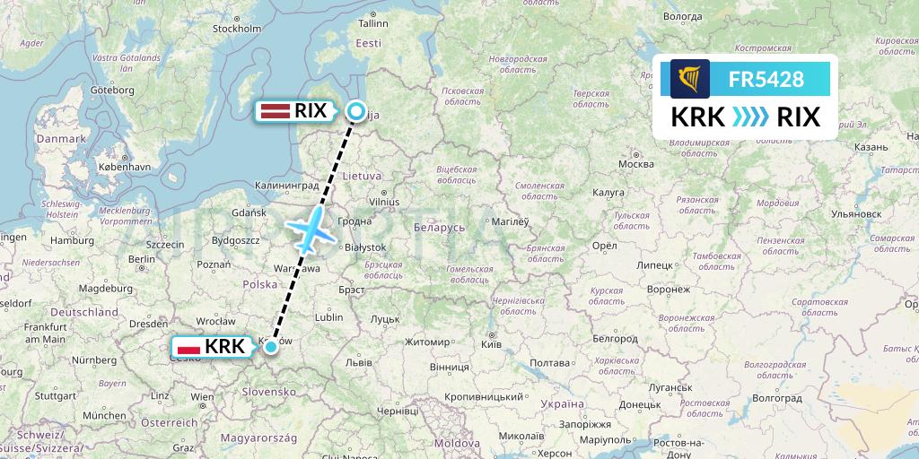 FR5428 Ryanair Flight Map: Krakow to Riga