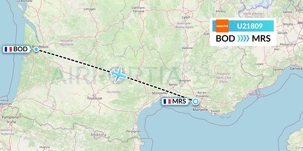 U21809 EasyJet Flight Map: Bordeaux to Marseille