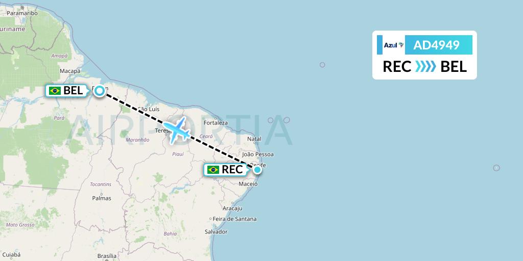 AD4949 Azul Brazilian Airlines Flight Map: Recife to Belem