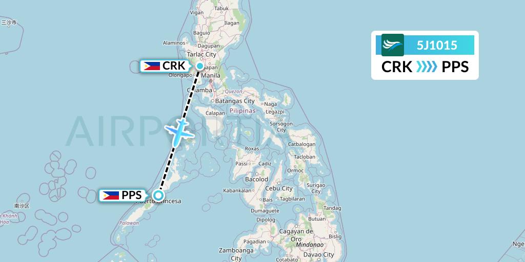 5J1015 CEBU Pacific Air Flight Map: Angeles City to Puerto Princesa City