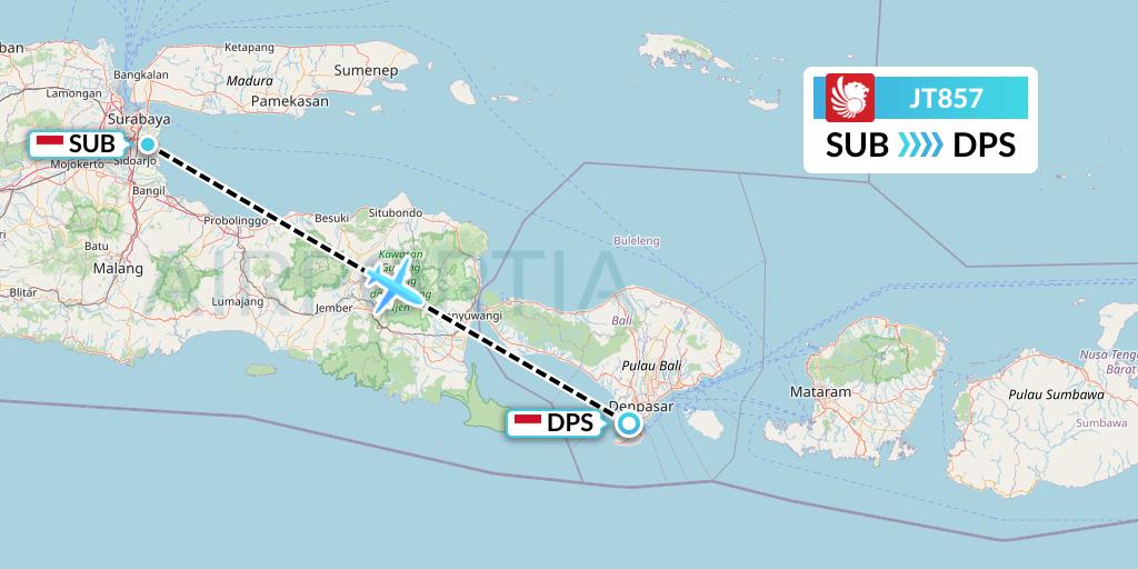 JT857 Lion Airlines Flight Map: Surabaya to Denpasar