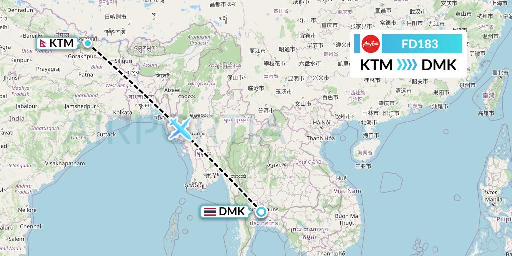 FD183 Thai AirAsia Flight Map: Kathmandu to Bangkok