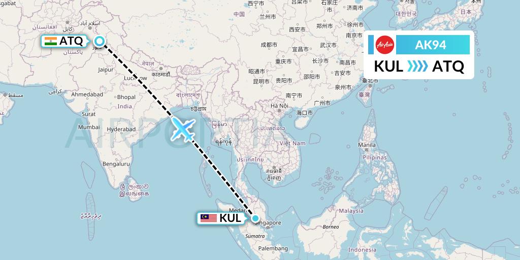 AK94 AirAsia Flight Map: Kuala Lumpur to Amritsar