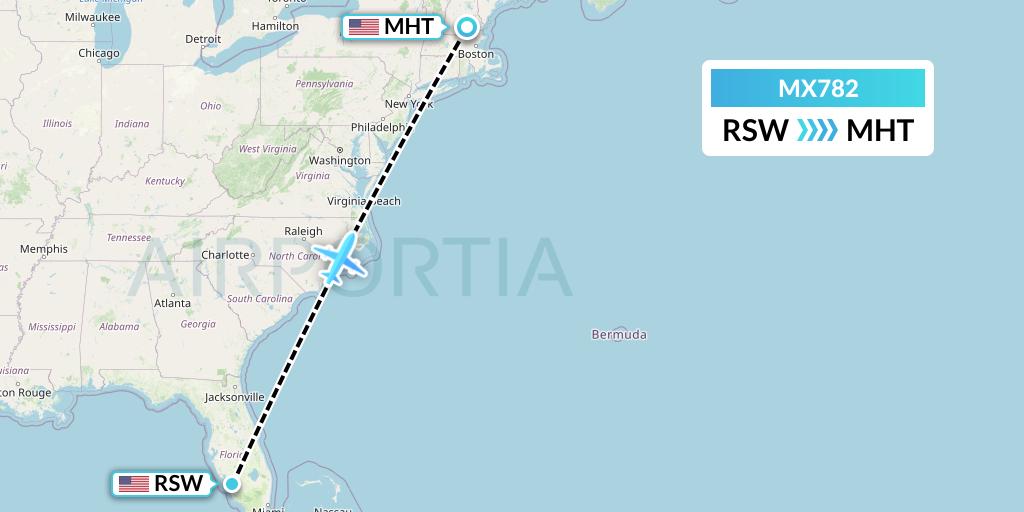 MX782 Breeze Airways Flight Map: Fort Myers to Manchester